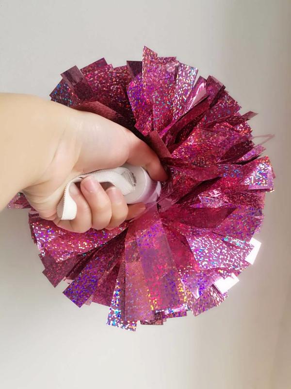 kids elastic stick handle Pom poms 4" holographic pink