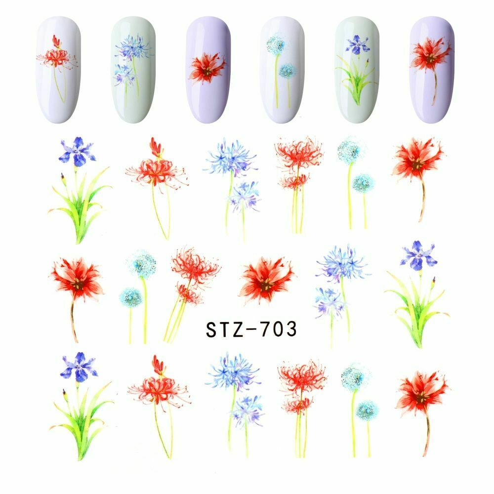 24 Watercolor Water Transfer Nail Adornment Stickers Flower Tips DIY.A874