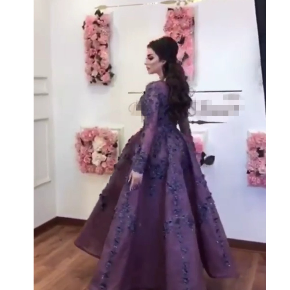 Saudi Arabic Purple 3D Flower Evening Dresses With Full Sleeves Lace Floral Prom Gowns Ankle Length Party Dress Vestidos