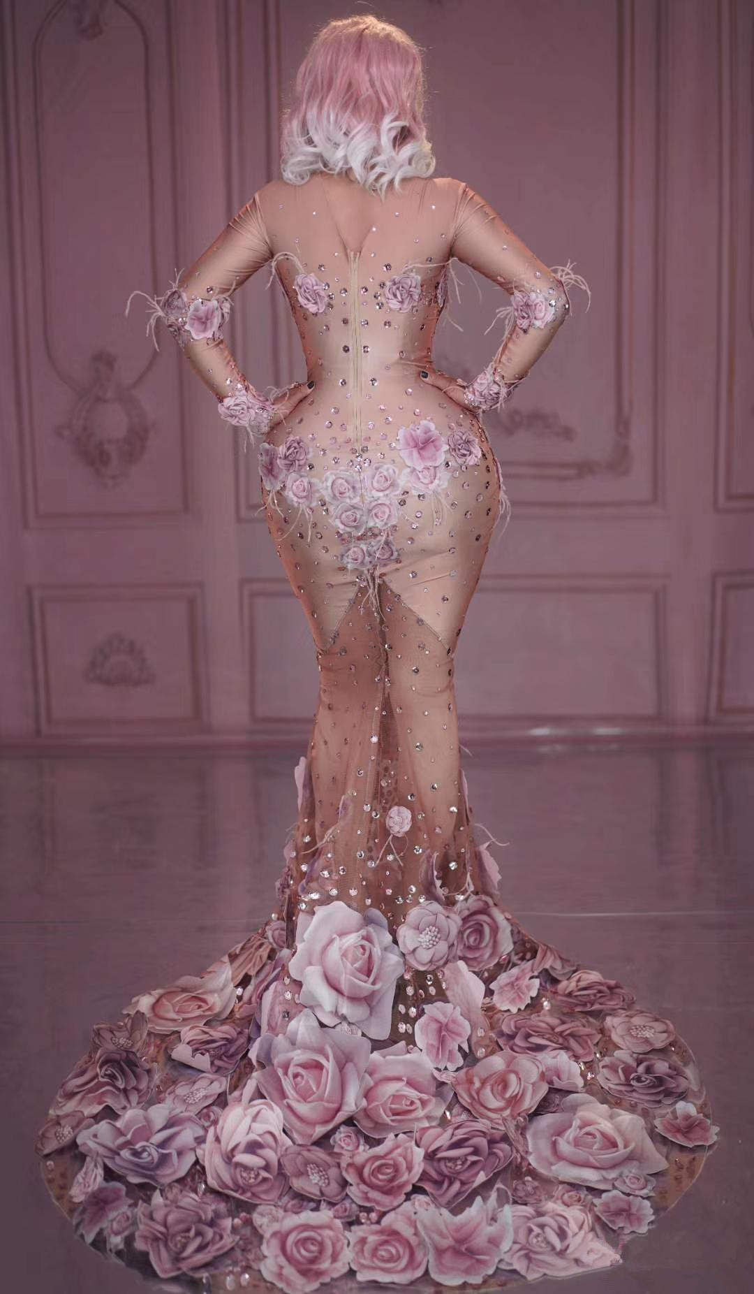 pink flowers see through long sleeve prom dresses beaded mermaid celebrity party gowns singer performance costume formal evening dress