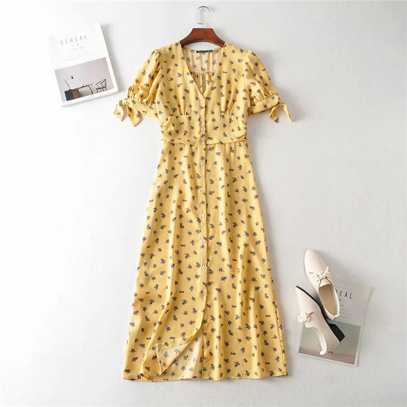 2020 women french style fashion floral print yellow long dresses summer beach style single breasted v-neck long dress femme
2020 women french style fashion floral print yellow long dresses summer beach style single breasted v-neck long dress femme