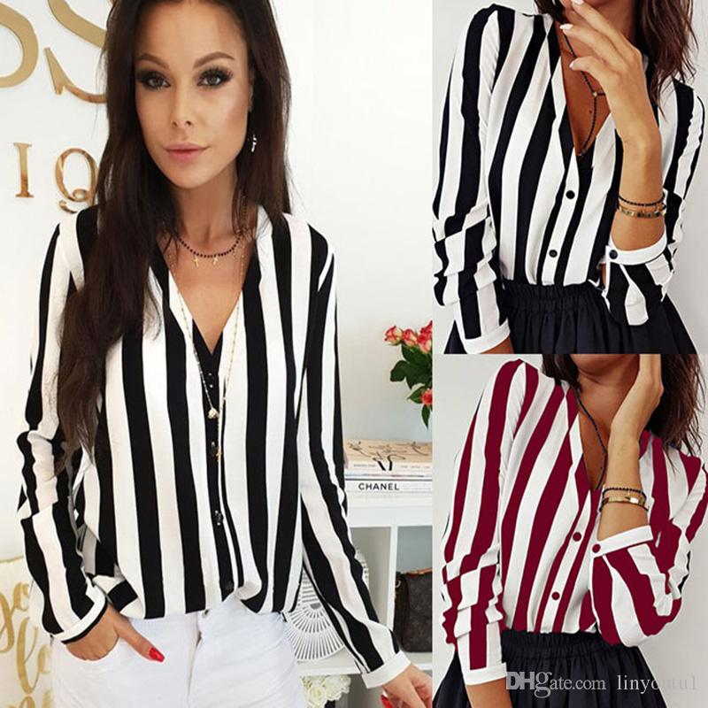 2020 New Blouse Women Casual Striped Top Shirts Blouses Female Loose Autumn Fall Casual Ladies Office Blouses Top Sexy