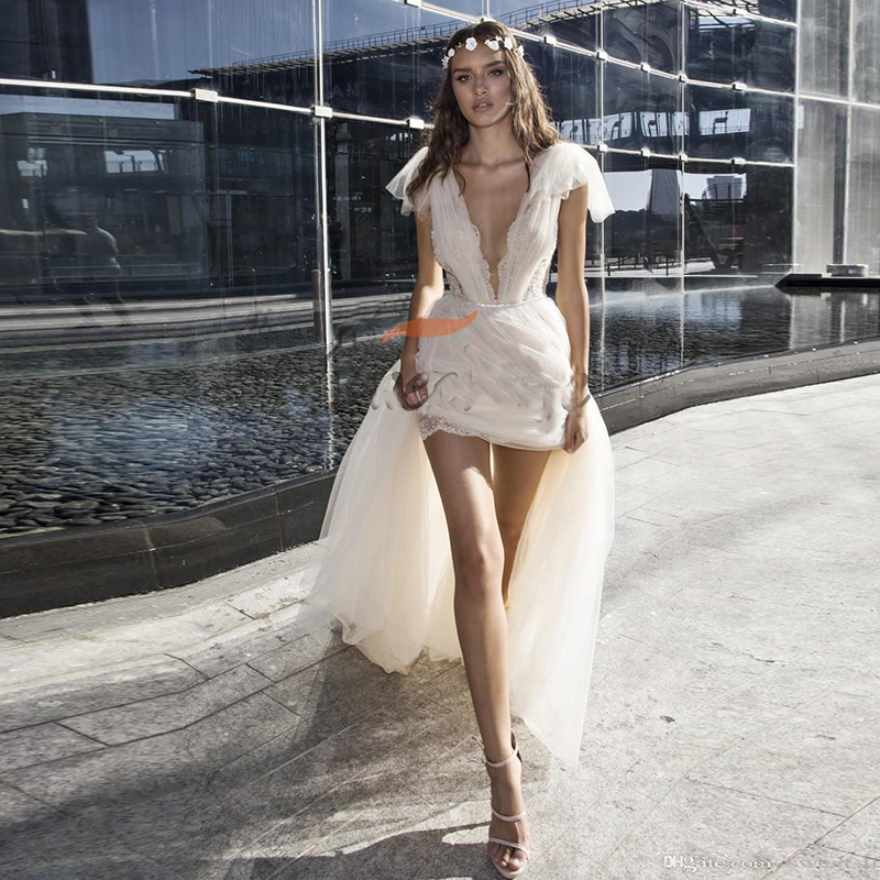 2019 Dimitrius Dalia Bohemian Wedding Dresses Lace Deep V Neck Backless Sweep Train Strap Boho Bridal Dresses Beach vestido de novia