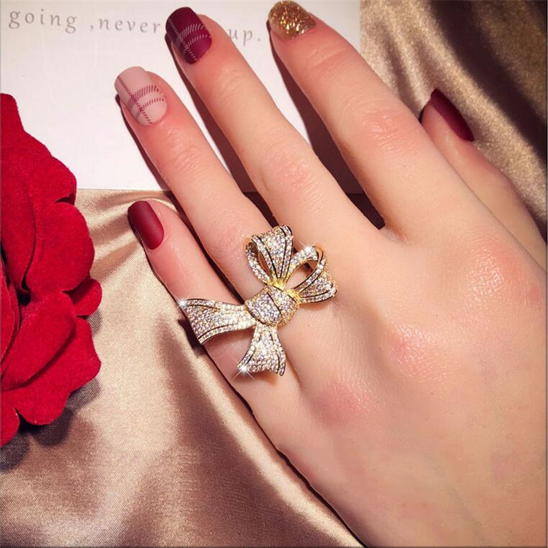 Top Brand Hot Sale Stunning Luxury Jewelry Fine Jewelry 925 Sterling Silver&Gold Fill Pave White Sapphire CZ Diamond Women Wedding Bow Ring
