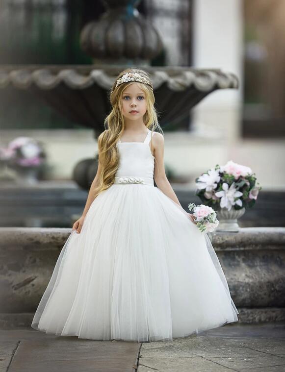 2020 Cute Ivory Flower Girl Dresses Tulle Cheap A Line Square Neck First Communion Dress Birthday Custom Made Prom Gowns Party Wear