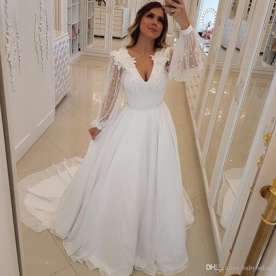 Cheap Bohemian New Dresses Long Illusion Sleeves V Neck Pearls Beads Appliques Beach Bridal Gowns Wedding Dress Vestidos De Novia estidos