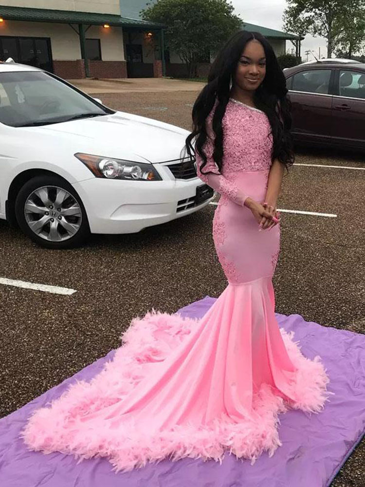 Pink Prom Dresses 2020 one long sleeve One Shoulder Feather Lace Appliques Mermaid Evening Dress African Black Girls Long Formal Gowns