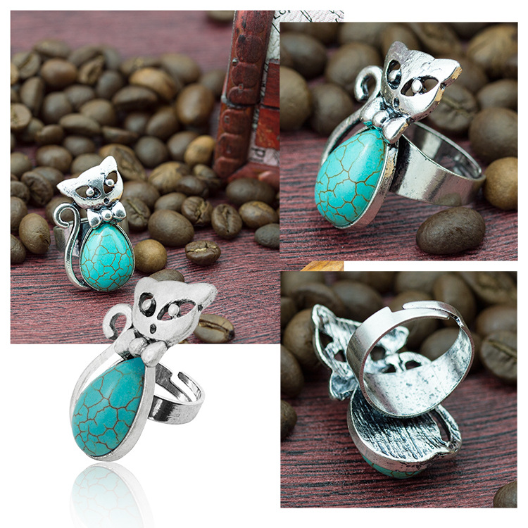 Europe and America Ring Green Pine Ancient Silver Retro Bow Kitten Shape Turquoise Female Ring