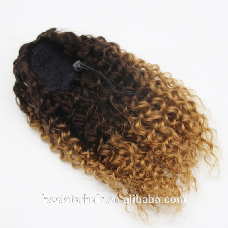 Fabulous African american Ombre Highlighted dark roots blonde Curly Puff Bun Drawstring Ponytail Human Hair Extensions 140g