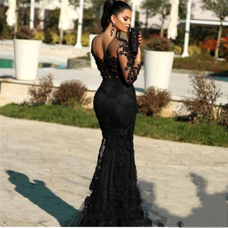 2020 Modern Beads Appliques Sweep Train Formal Prom Party Gowns Long Sleeves Lace Mermaid Evening Dresses