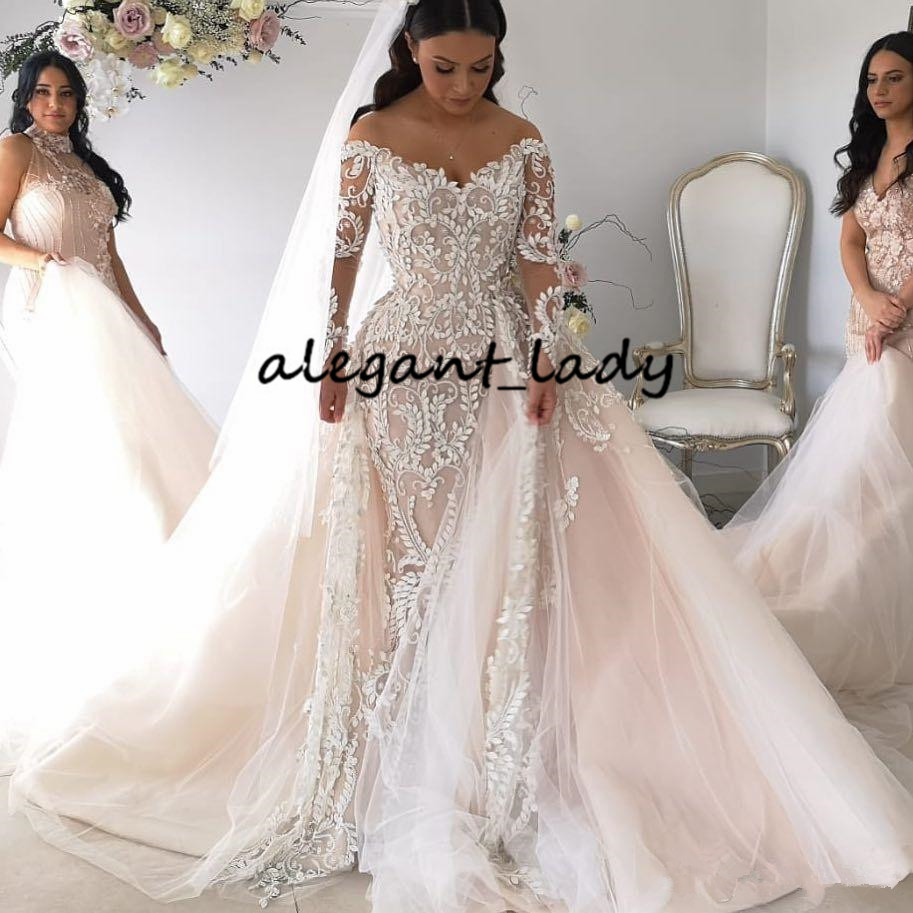 Plus Size Mermaid Wedding Dresses with Long Sleeve 2020 Off Shoulder Lace Applique Cathedral Detachable Train Wedding Gown Steven Khalil