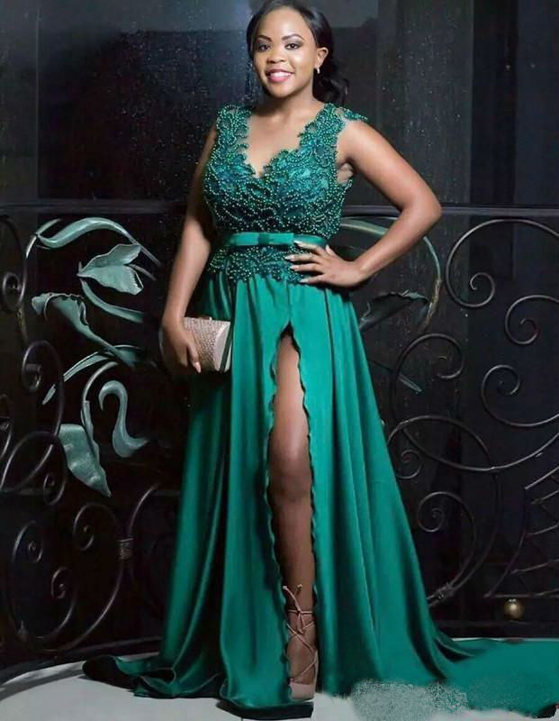 Hunter Green Prom Dresses 2019 V Neck Major Beading African Plus Size Evening Dress Side Split Formal Party Gowns