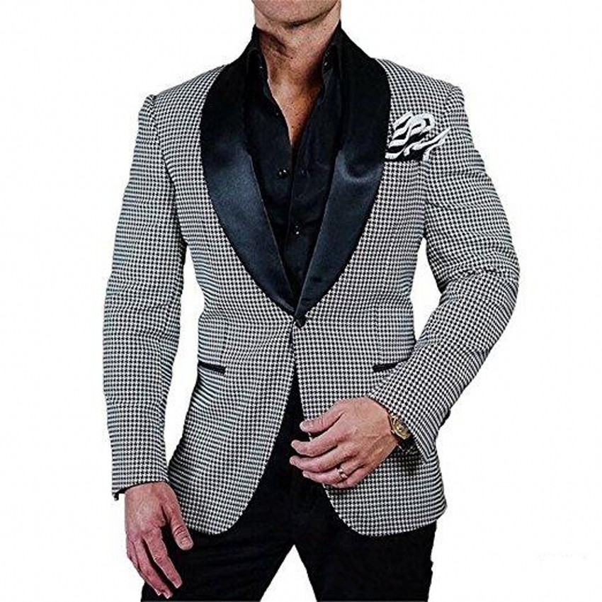 Fashion Houndstooth Groom Tuxedos Black Shawl Lapel Groomsmen Wedding Tuxedos Popular Men Formal Blazer Prom Jacket Suit(Jacket+Pants+Tie)32