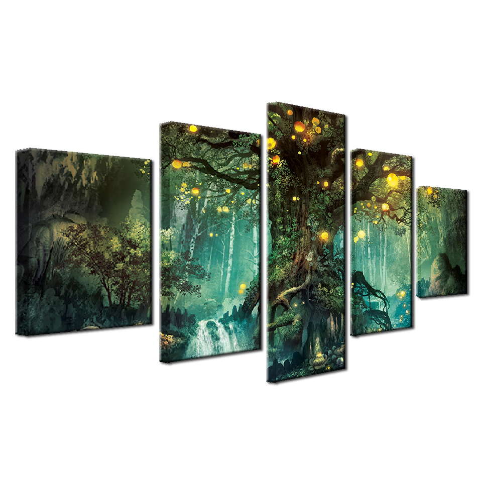 HD Printed Home Decor Paintings On Canvas Wall Art 5 Pieces Enchanted Tree Scenery Modular Vintage Pictures For Living Room No Frame