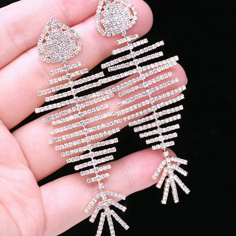Shiny Bling Fish Skeleton S925 Silver Needle Dangle Drop Earrings New Style White Zircon Gold Plated Earring Jewelry Wholesale