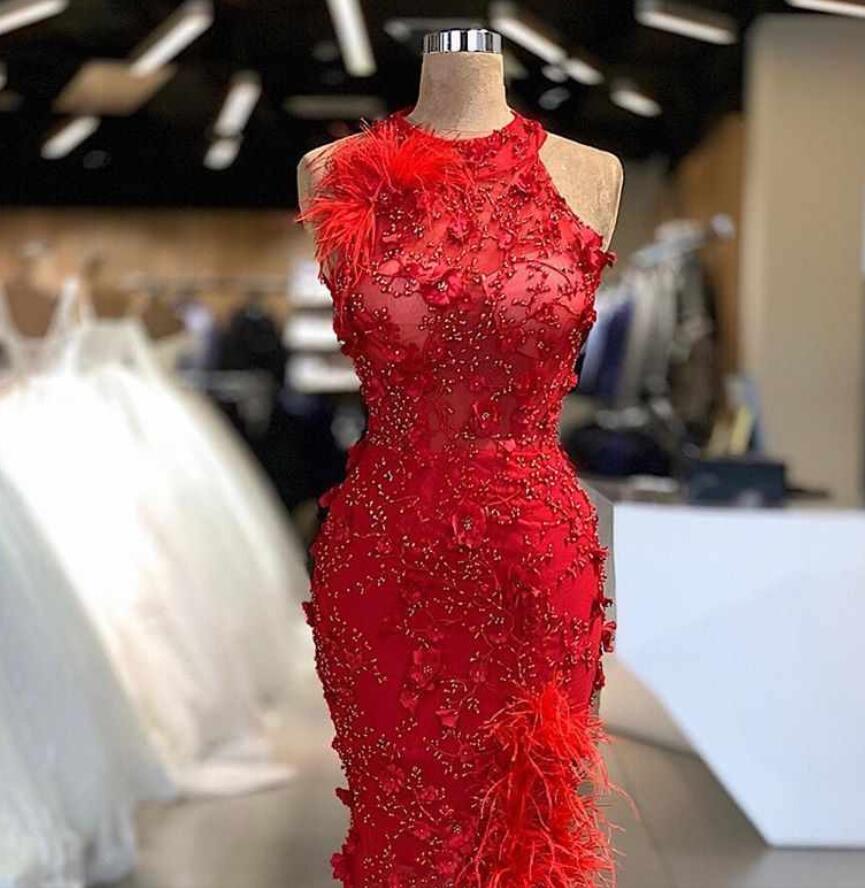 luxury mermaid arabic long evening dresses jewel neck beaded feather floor length middle east prom formal party dresses 3d flowers