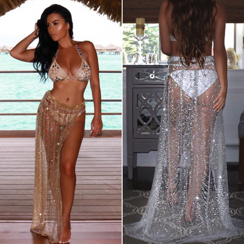 Sexy Beach Skirt Ladies Shiny Gold Silver Fashion Perspective Mesh Yarn Forked Frenulum Beach Holiday Sequins Temperament Skirt
Sexy Beach Skirt Ladies Shiny Gold Silver Fashion Perspective Mesh Yarn Forked Frenulum Beach Holiday Sequins Temperament Skirt