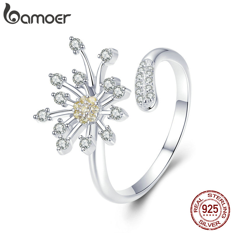 Wholesale-Silver Blooming Dandelion Love Crystal Adjustable Finger Rings for Women Wedding Engagement Jewelry Gift
