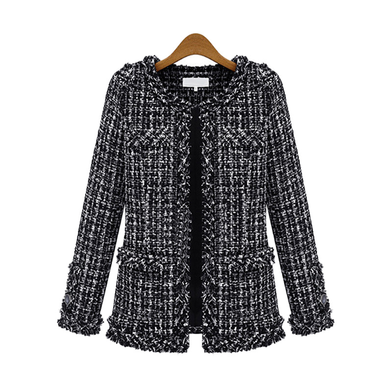Women Plaid Jacket Outerwear 2020 Women Fashion Coat Autumn Winter Thin Black Checkered Tweed Casual T200111
