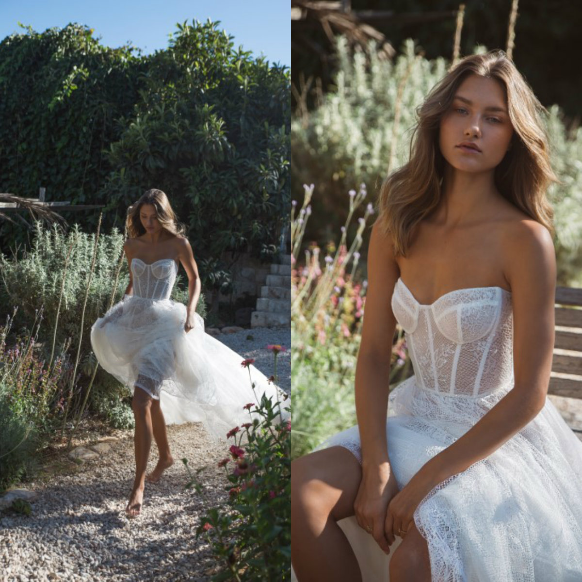 Elihav Sasson A Line Beach Wedding Dresses Strapless Appliques Lace Wedding Dresses Sweep Train Boho Bridal Gowns