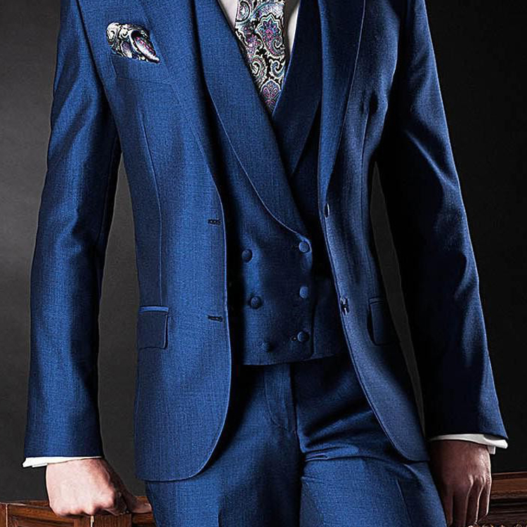 Slim Fit Navy Blue Wedding Tuxedos Peaked Lapel Formal Men Pant Suits Double Breasted Vest (Jacket+Vest+Pants) Custom Made Prom Blazer