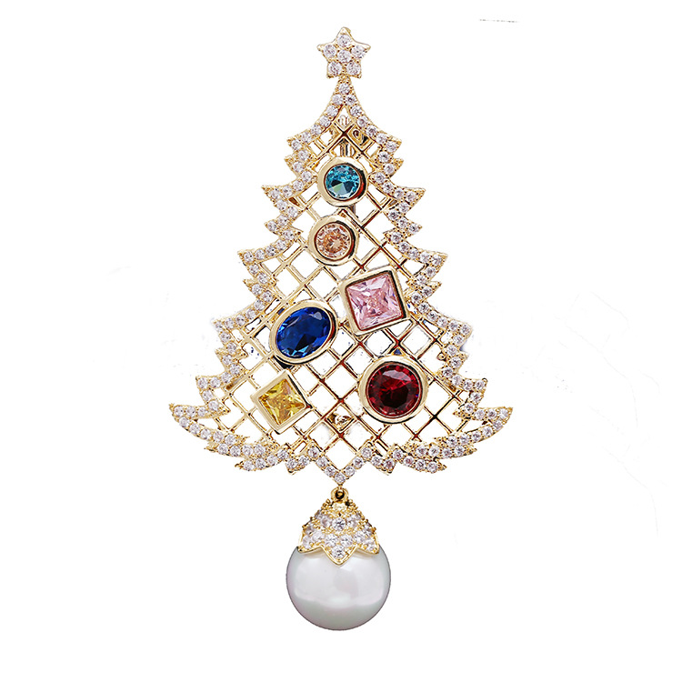 Luxury Designer Pearl Brooch Christmas Tree Pin for Women with Cubic Zirconia Fashion Jewelry Female New Year Gift