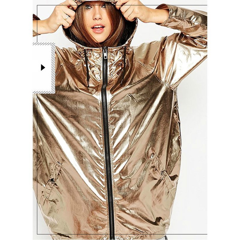 2018 Rock Women's Gold Metallic Shiny Jacket Hooded Party Club Coat Casual Pocket Loose Jacket Outfits Streetwear T200111