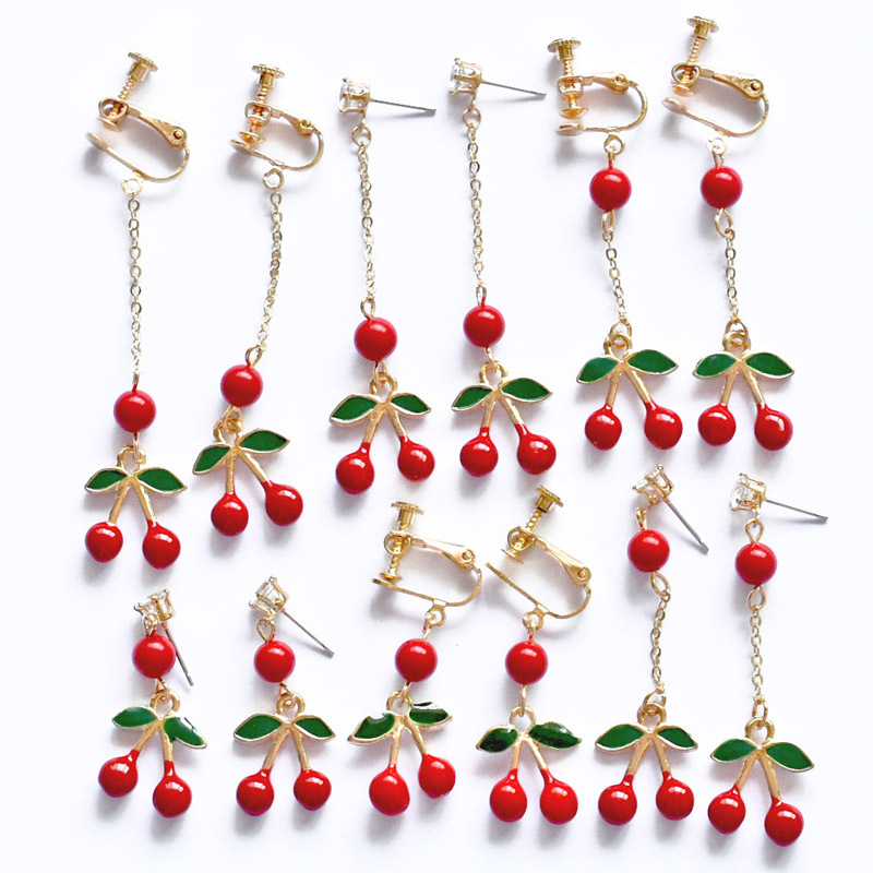 Fashion-Earrings For Women 925 Silver Fruit Ear Studs Long Cherry Earrings Clips Enamel Jewlery Wholesale