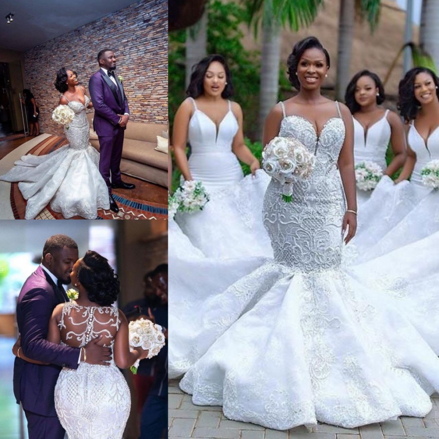 Mermaid Lace Beaded Wedding Dresses Spaghetti Straps Appliqued Bridal Gowns Sweep Train Plus Size Trumpet Robe De Marie