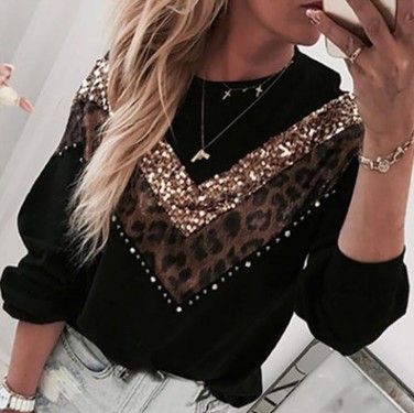 Casual Glitter Leopard Patchwork T-Shirts For Women | Long Sleeve Black Pullover Tops B4