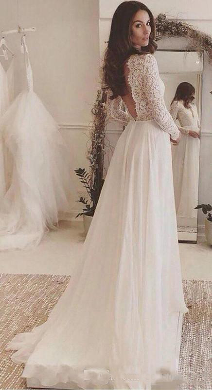 Chic 2019 Lace Country Wedding Dresses Long Sleeve Backless Bohemian Beach Cheap Deep V Neck Chiffon Long Boho Bridal Gowns Cheap