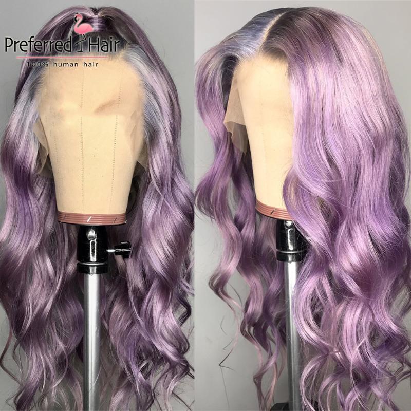 Preferred Ombre Human Hair Wig Purple & pink Body Wave Lace Front Wig Transparent Remy Lace Wigs With Baby Hair, Pink shade