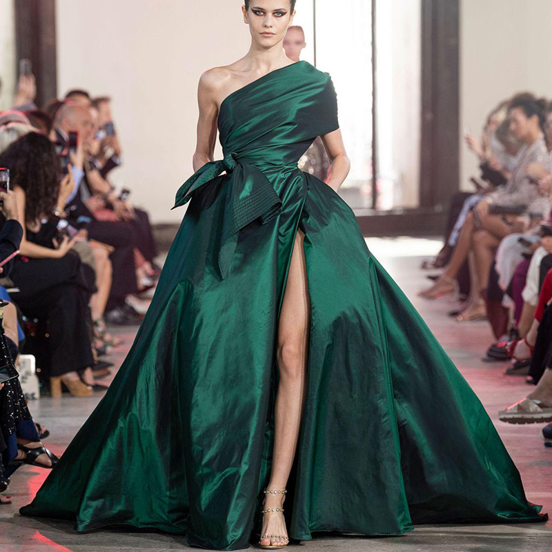 2020 ELIE SAAB One Shoulder Front Split Evening Dresses Backless Sweep Train A Line Celebrity Red Carpet Gowns Ruffle Formal Dresses Party