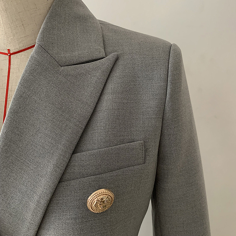 New Style Premium Blazer Top Quality Original Design Women's Double-Breasted Blazer Slim Jacket Metal Buckles Gray Blazer Outwear Coat