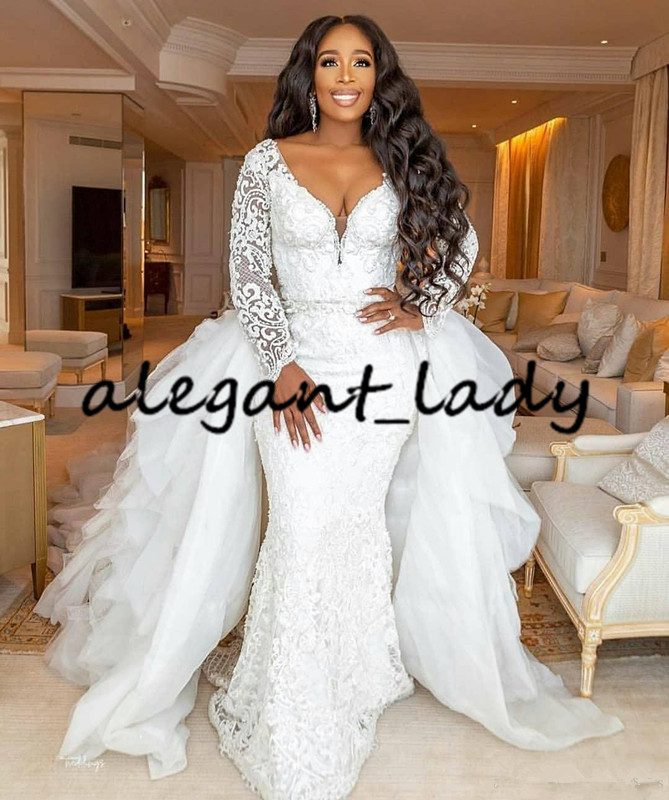 plus size mermaid wedding dresses with long sleeve modern detachable train lace pearls african garden beach wedding gowns