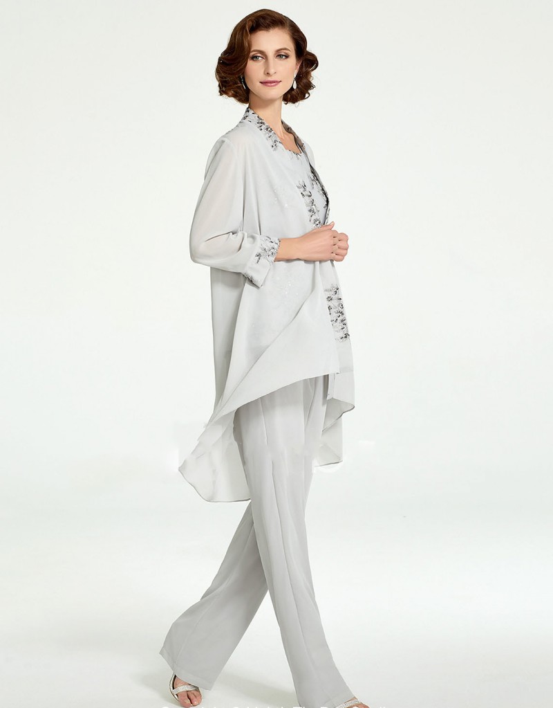 New 2019 Pant Suits Long Mother Of The Bride Dresses Cheap Appliqued Pantsuits Beach Wedding Guest Dress With Jacket Groom Mother Outfit