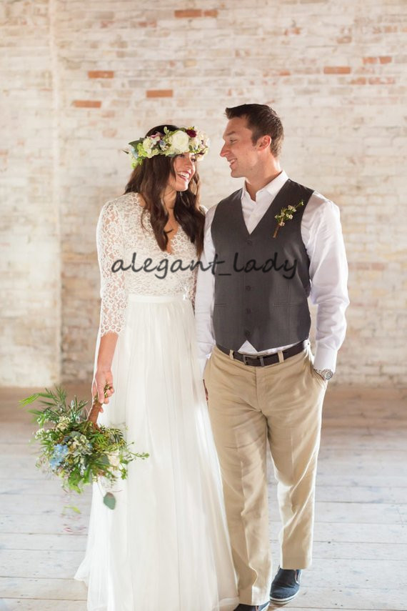 Elegant Boho Chic Lace and Tulle A Line Wedding Dress with 3/4 Sleeves Vintage Full Back Bohemian Western Bridal Gowns Cheap