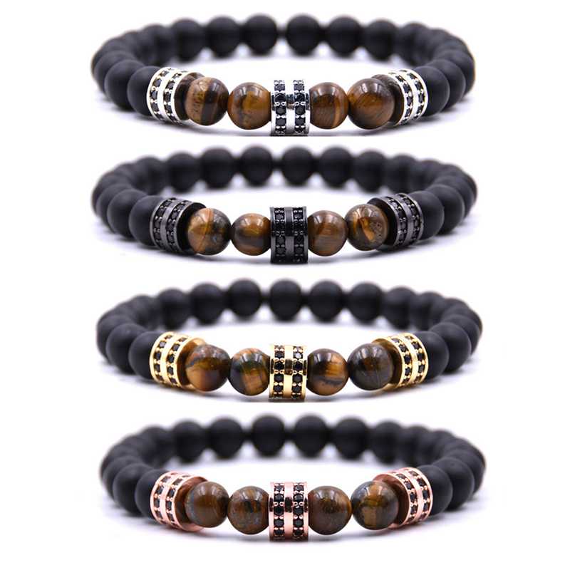 Men's and women's 8mm matte black agate silver micro-inlaid cylindrical spacer bracelet natural stone yoga bracelet bracelet