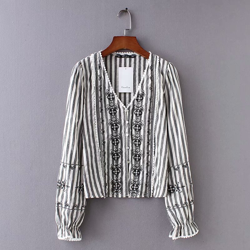 Women V Neck Striped Blouse Embroidery Long Sleeve Lace Patchwork Female Casual Shirts Stylish Retro Tops Blusas, As picture
Women V Neck Striped Blouse Embroidery Long Sleeve Lace Patchwork Female Casual Shirts Stylish Retro Tops Blusas, As picture