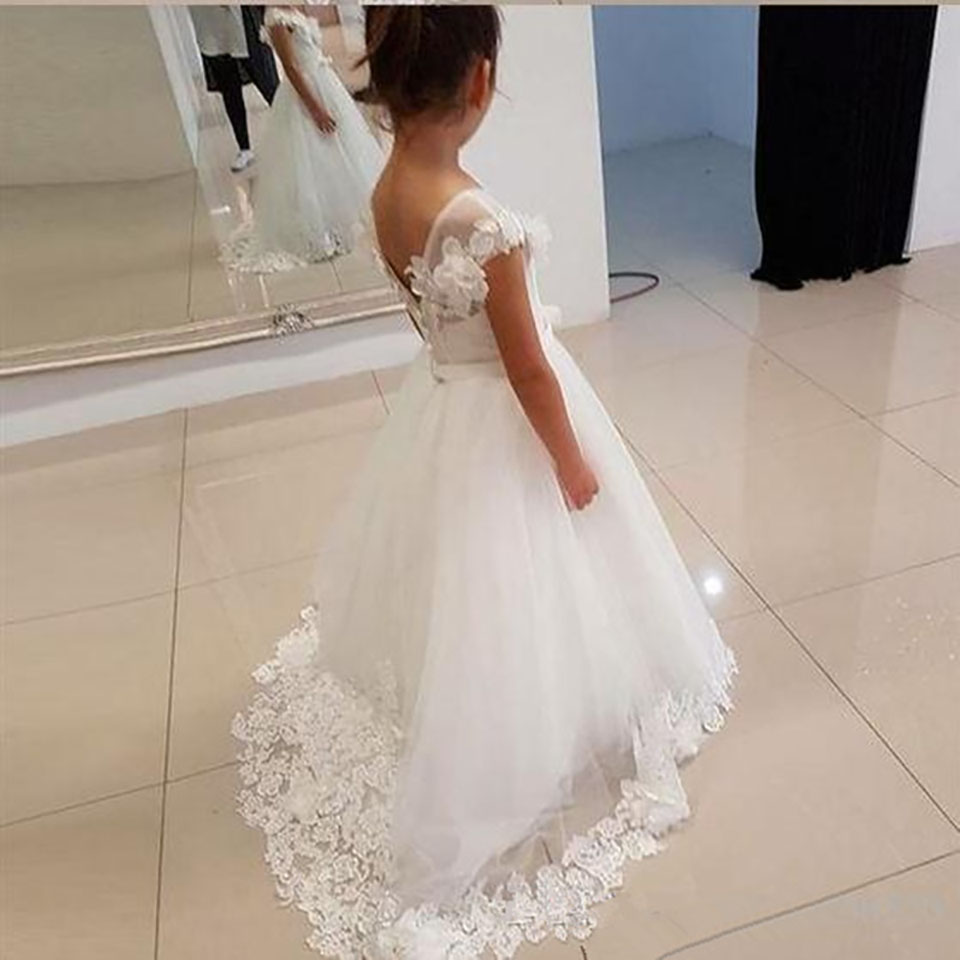 Flower Girl Dresses Birthday Banquet Sleeveless Lace Applique Tulle Dress Elegant Girl's Wedding Holy Communion White Dresses