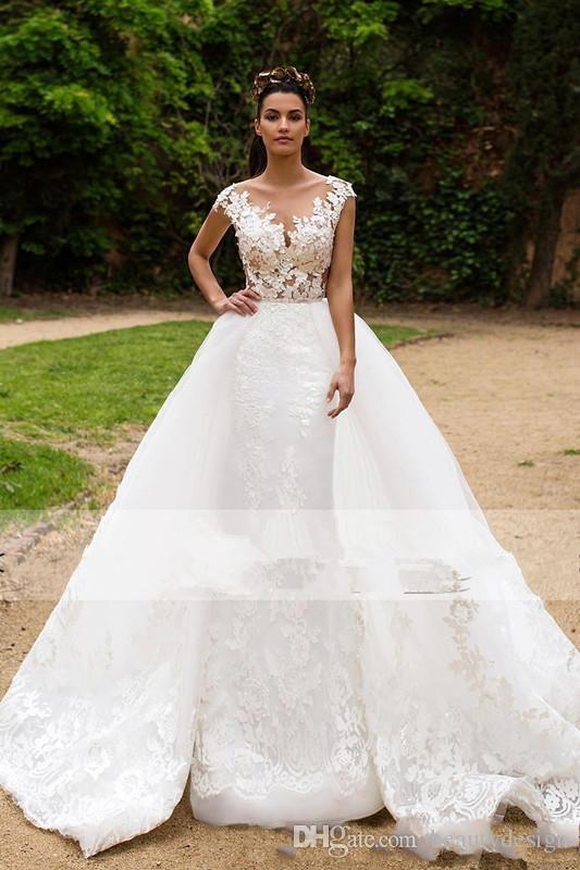 2018 Mermaid Wedding Dresses Illusion Cap Sweep Tulle Lace Applique Over skirt Formal Bridal Gowns Ball Gown Bride dress