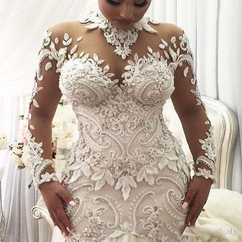 High Neck Mermaid Wedding Dresses Girls Long Sleeves Bride Bridal Gowns Lace Appliques Beach Sheath Column Customize Made Plus Size