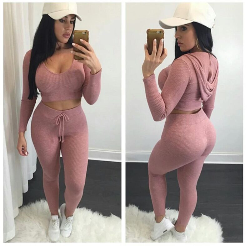 2-piece Sexy Women's Knit Sexy Fitness Set Pink Slim Sports Exercise Running Fitness Tights Yoga Sports Jumpsuit
