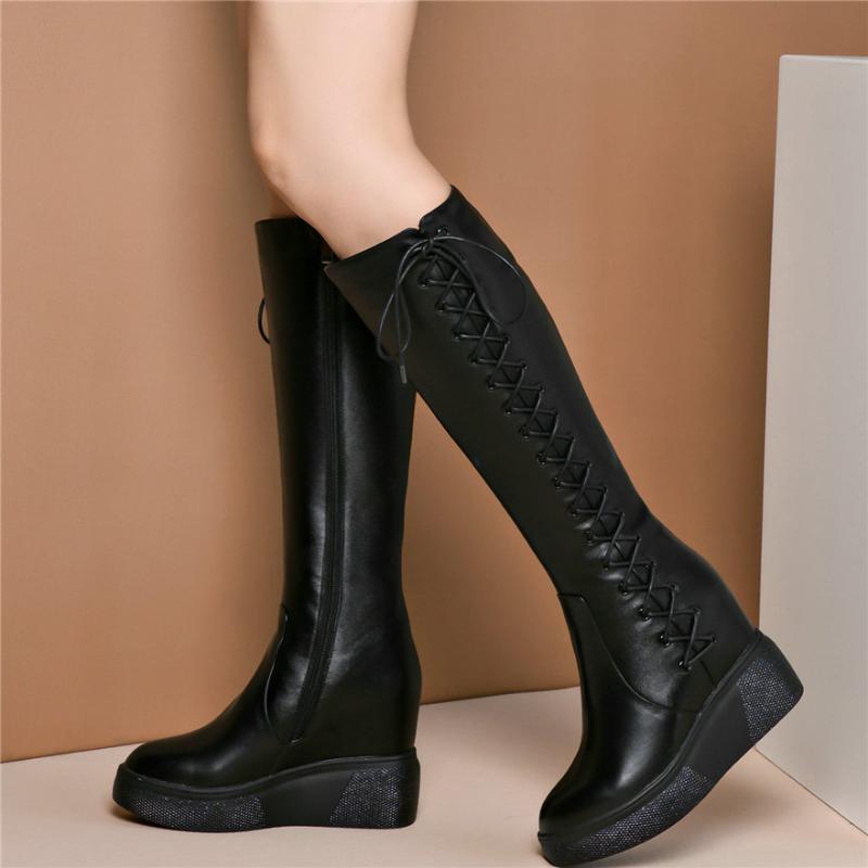 Women Lace Up Genuine Leather Wedges High Heel Knee High Boots Female Winter Warm Pointed Toe Thigh Platform Pumps Shoes, Black
Women Lace Up Genuine Leather Wedges High Heel Knee High Boots Female Winter Warm Pointed Toe Thigh Platform Pumps Shoes, Black