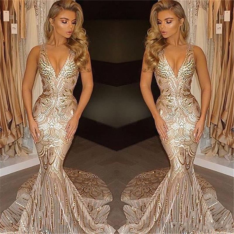 2020 Luxury Gold Sequined Mermaid Prom Dresses Deep V Neck Sweep Train Long Formal Plus Size Special Occasion Evening Party Pageant Gowns, Same as picture
2020 Luxury Gold Sequined Mermaid Prom Dresses Deep V Neck Sweep Train Long Formal Plus Size Special Occasion Evening Party Pageant Gowns, Same as picture