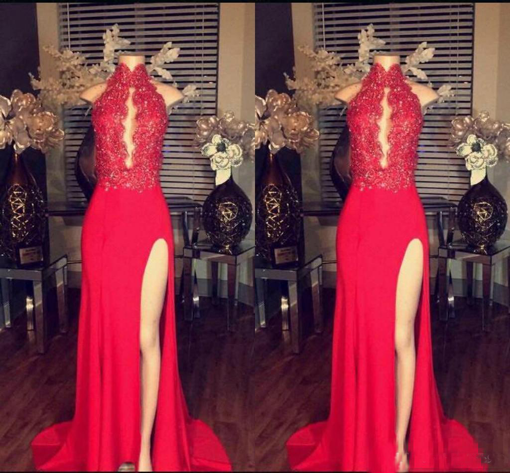 Vintage Lace Appliques Sexy Red Prom Dresses Keyhole High Neck Side Split Open Back Special Occasion Dresses With Beaded Long Evening Dress