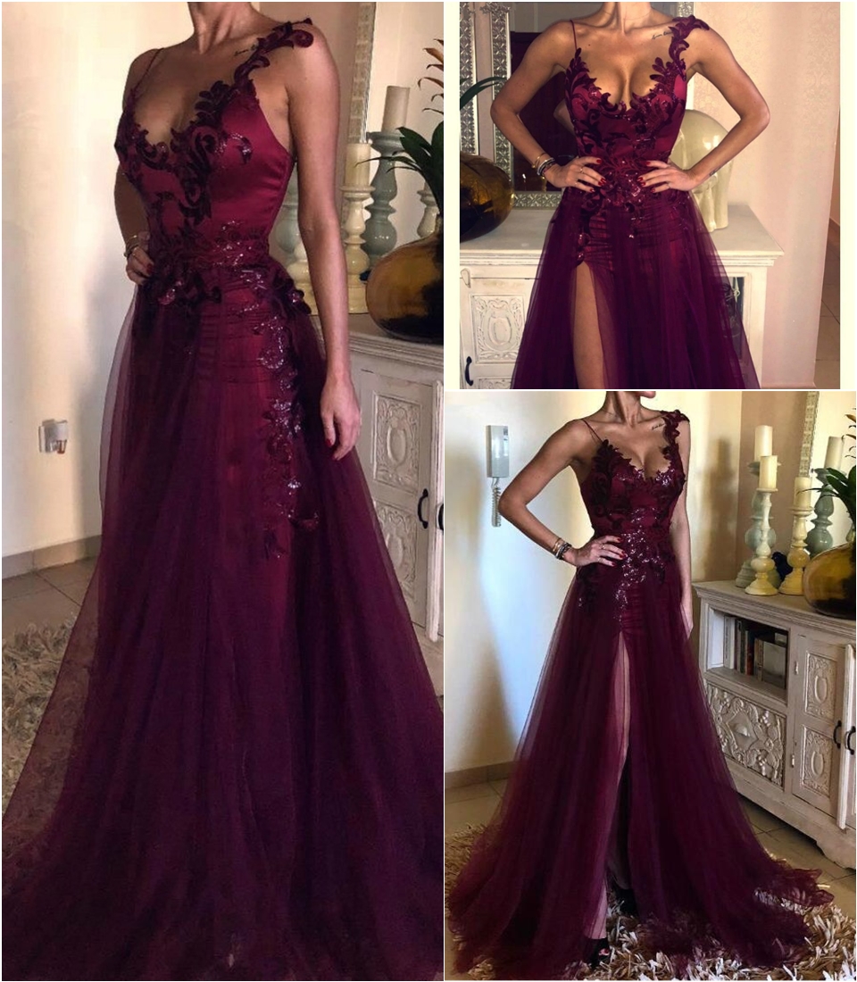 2020 Formal Women Holiday Wear Celebrity Party Evening Gowns Plus Size Custom Made Elegant Grape Purple Lace A Line Split Prom Dresses