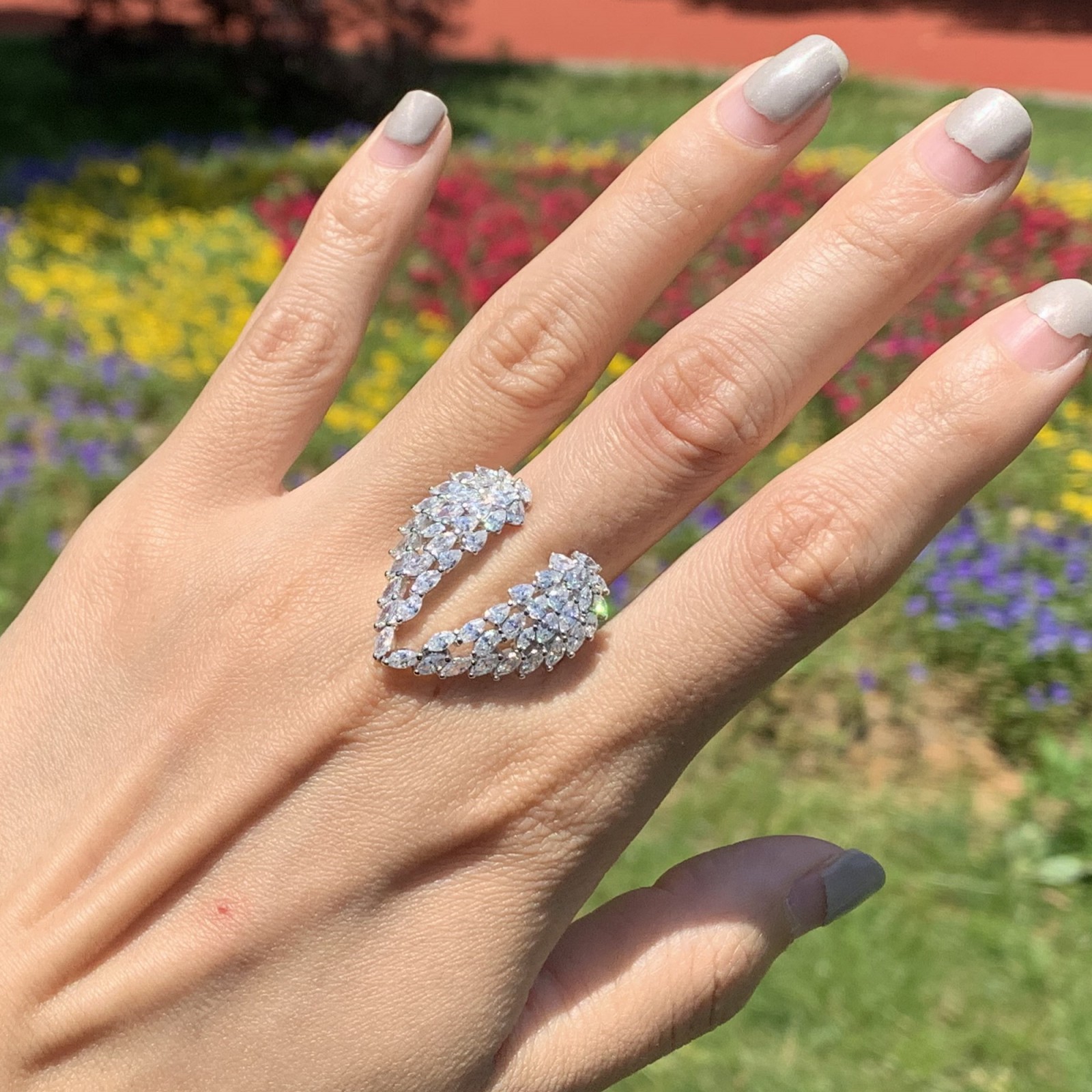 Sterg Sier Marquise Cut Topaz CZ Dia Angle Wing for Women Jewelry Wedding Engagement Band Opening Adjustable Ring