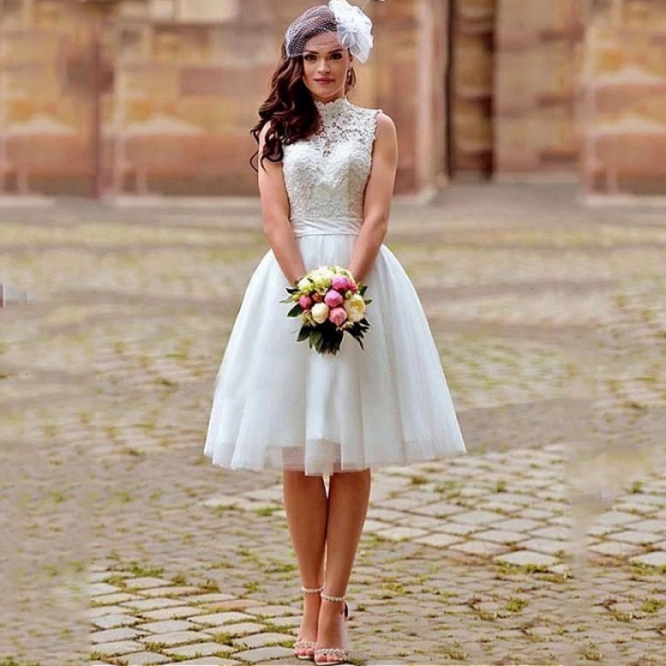 Knee Length Dress A e White High Neck Appliqued Lace Bride Dresses Boho Backless Short Wedding Gowns trouwjurken