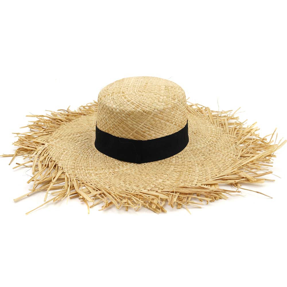 Female HandKnitted Sun Protection Visor Lafite Straw Hat Big Brim Ladies Women Beach Cap Sun Hat with Untrimmed Edges